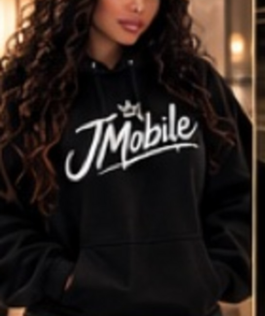 JMobile model wearing a black branded outerwear jacket